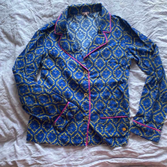 Juicy Couture tuxedo style blue and gold flannel pajama set w/ pink piping Small - Picture 2 of 16